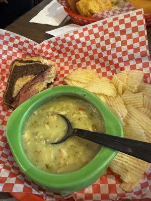 Half a Reuben sandwich and the green chili chicken soup lunch. I took a bite already in this pic.