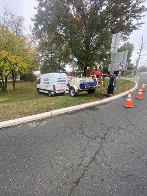 Jetting- high pressure water to clean a fast food restaurant drain system.