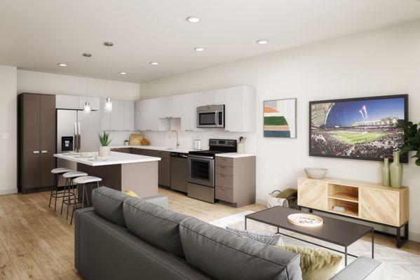 Rendering of living room near the kitchen