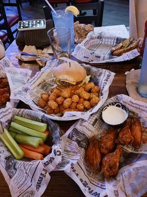 Chicken Wings, Cheeseburger, Tater Tots