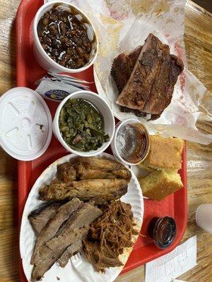 Spare Ribs, baked beans, green beans, & 3 Different Meats Sampler Platter