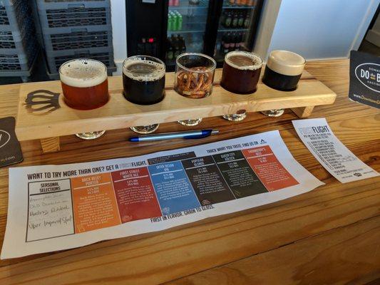 Flight (left to right): Inter Ocean IPA, Back Alley Porter, Hastings Dubbel, & Uber Imperial Stout.