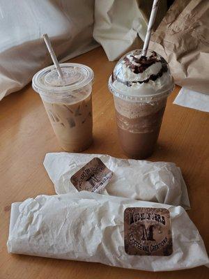 Iced white mocha, thin mint mocha frap, 2 breakfast burritos with sausage.