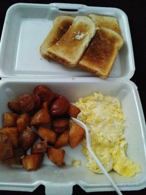 Scrambled Eggs with Cheese, Linguica, Homefries, and Toast