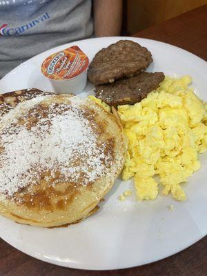 Pancake platter - 2 eggs your way, bacon or sausage and pancakes - $12.99