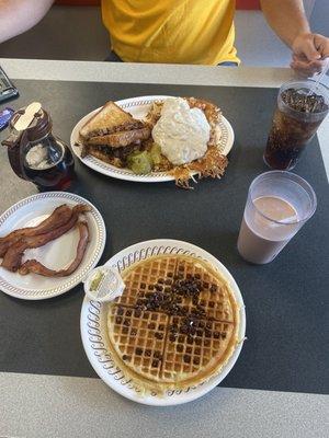 Chocolate Milk, Waffle, Bacon, Bacon Texas Cheesesteak Melt With Hashbrowns