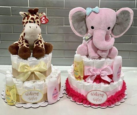 2 Layer Diaper Cakes with Plush Animals