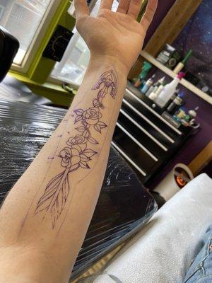 arrow and roses (JoJos bizarre adventure) inner left forearm. 8 inches