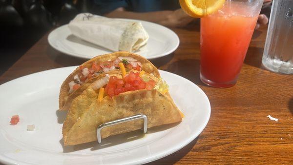 Hard shelled tacos, Veg burrito wrapped and a peach drink (forgot the name of the cocktail)