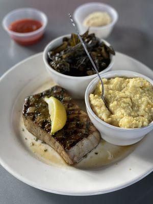 Yellowfin, grits and oh my gosh those collard greens. Just get them already!