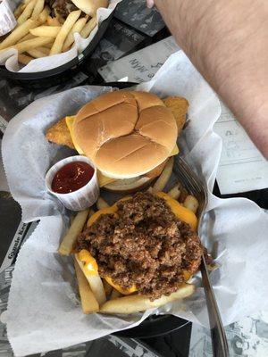 Chili cheese fries, cod sandwich