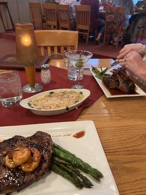 Rack of lamb and ribeye special, side of creamed spinach with Basel Hayden and cucumber martini.