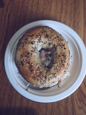 Turkey on an Everything Bagel with scallion cream cheese