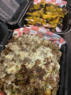 Loaded Philly Cheesesteak Fries, Jerk Chicken