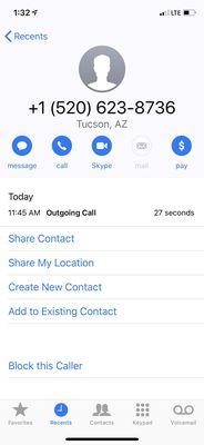 This is my call log showing the 27 second phone call that I made to the store asking about returns.