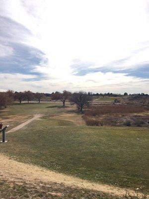 The 7th hole on the Dam 9. Definitely a challenge - elevation drop after the White tee box and the arroyo runs across the middle.