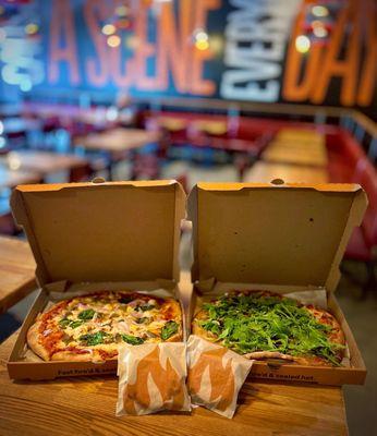 Left: Build Your Own Pizza (11-inch); Right: Green Stripe (11-inch) with spinach - both with high rise crust - loved it!