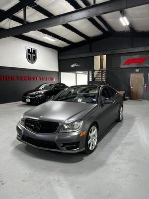 Full Satin Gray Wrap Installation with Ceramic Coating on Mercedes Benz.