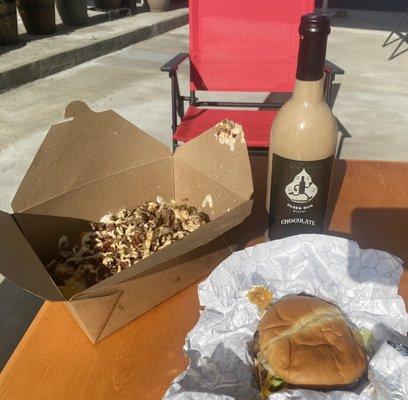 Loaded fries, CheeseBurger and Chocolate wine