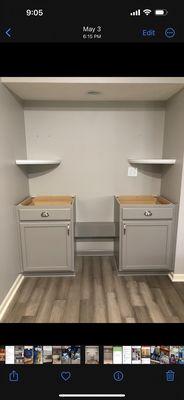 Bar cabinets installed including custom addition for dryer vent