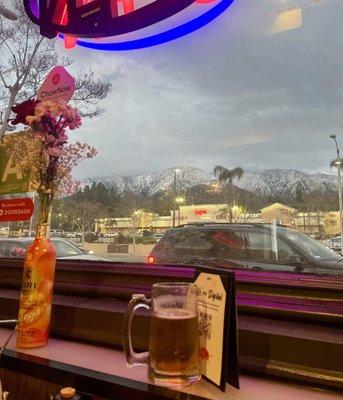 Refreshing beer and a great view of some rare SoCal snow. And of course Great sushi!