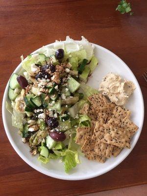 This whole meal is made with ALDI ingredients. Greek salad, olive tapenade hummus, gluten-free brown rice crackers. So good!