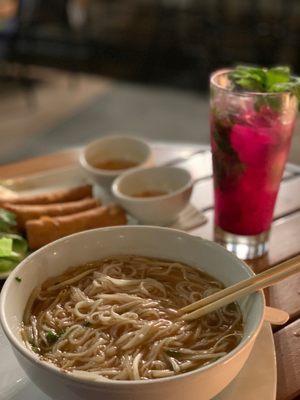 Noodle Bowl, Egg Rolls and a dragon fruit mojito