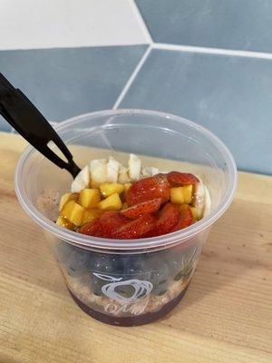 Mini bowl with strawberries and French granola AND special deal of 3 additional toppings - mango, blueberry, banana