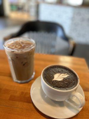 Hojicha Latte and Banana Foster Latte