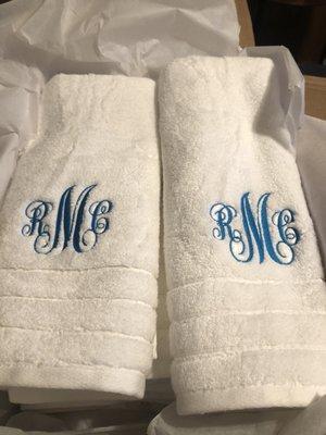 Monogrammed towels for nephew and bride's wedding gift