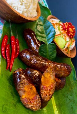 Uncooked cured Cambodian sausage with salted egg yolk