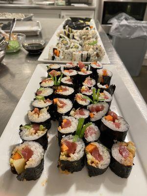 spicy tuna roll, shrimp tempura roll & vegetable hand roll