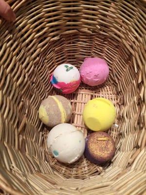 a basket of fizzy soaps.  One is called "Phoenix Rising."