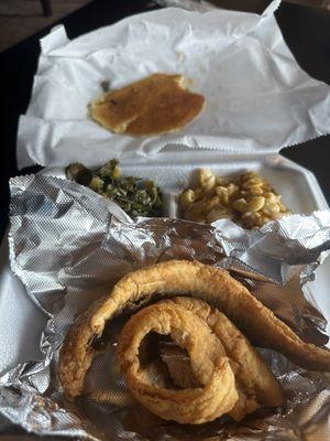 Fried Whiting Fish Filet, Mac and Cheese, Collard Greens, Cornbread (I tasted it before taking this picture )