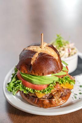 California Burger - Cheddar, Bacon, Avocado, Lettuce, Tomato, Ranch. Pasta Salad Side