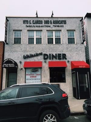 The front of the building - the office is above the Diner