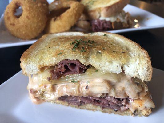 Shared Rueben with Kimchi and onion rings. Yum!