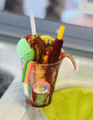 Mango  lime ‍  Sherbet ice cream  chamoy and tajin rainbow  candy's