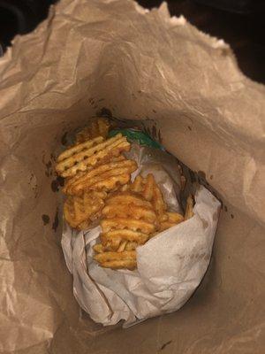 Fries were dumped in the bag not even in a box or wrapped up.