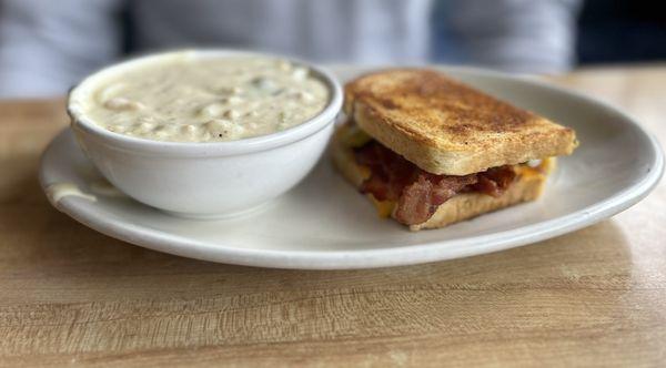 Clam chowder and ABC sandwich! (Avocado, Bacon and Cheese).