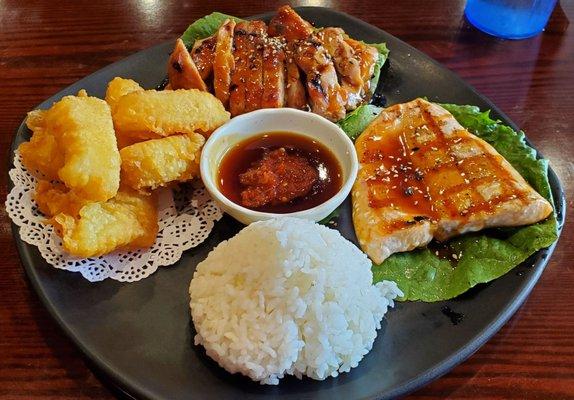 Teriyaki Chicken, Salmon, and Tempura Calamari