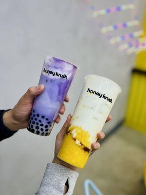 Cream cheese ube taro latte, mango latte