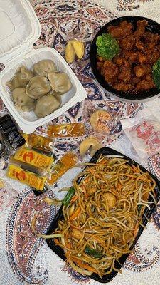 Pork Pan fried Dumpling (6), Shrimp Lo Mein, Orange Chicken