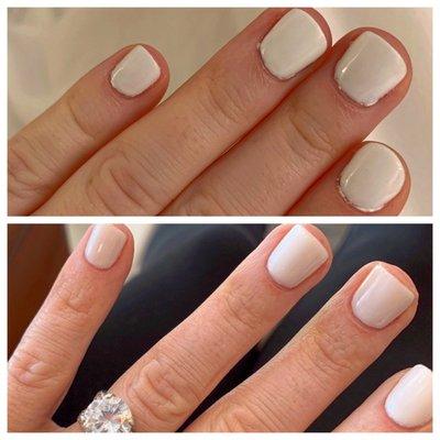 Top photo is a Campbell nails shellac manicure. Bottom photo is a manicure I received at another Houston salon with comparable prices.