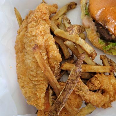 Fish, shrimp, and some fries.