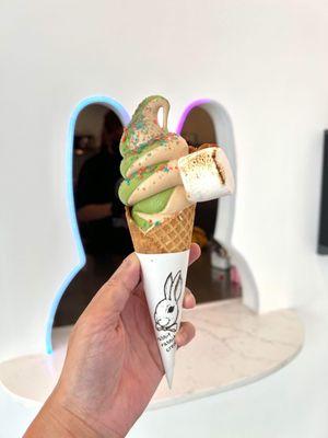 Matcha and iron Buddha soft serve + popping candy and toasted marshmallow