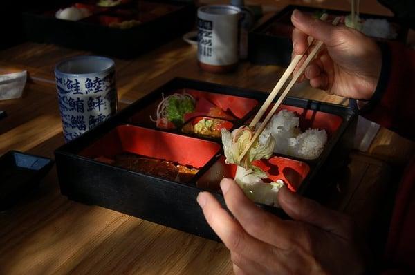 chicken teriyaki and sashimi bento