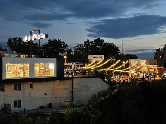 View of restaurant from River Walk at night.