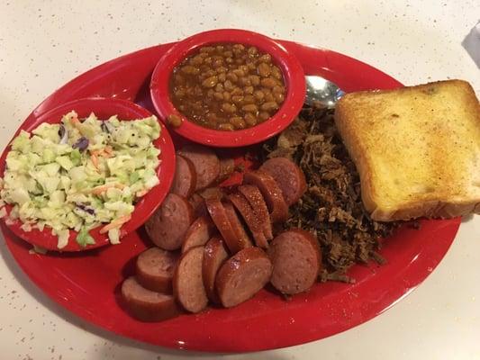 Brisket, polish, beans and slaw