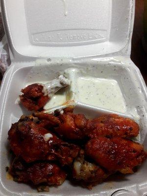 Hot wings were very good. The ranch was not good at all and just slopped into the container.